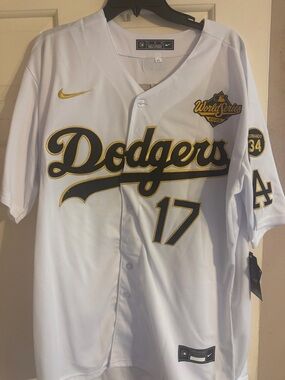Nike Dodgers #17 White & Gold World Series Jersey